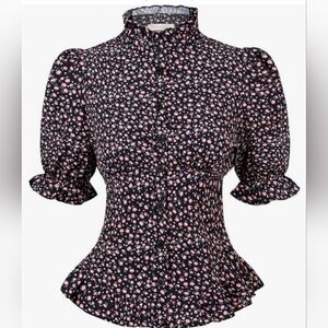 Belle Poque Renaissance Victorian Puff Sleeve Blouse Button Down Ruffle Dress